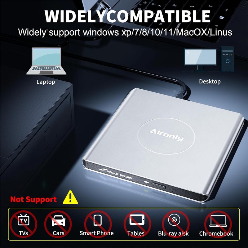 Alronly External CD/DVD Drive for Laptop/PC, USB 3.0 Type-C USB Portable Alloy Player for Computer CD DVD +/-RW Disk Drive CD Burner Writer Reader Compatible with Desktop Windows Apple Linux (F03) - Image 5